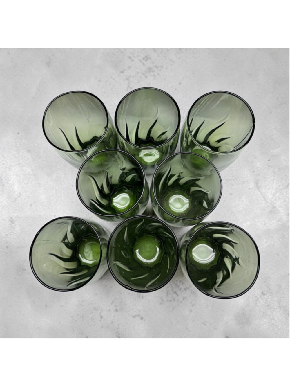 Vintage MCM Olive Green Optic Swirl Highball Glasses Set of 8 | Smoky Green Art